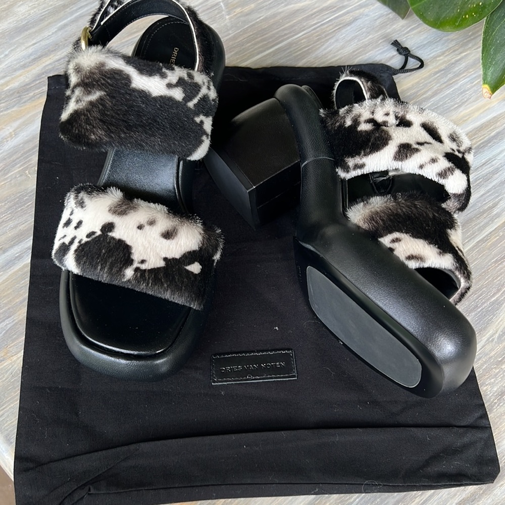Dries Van Noten Lamb Fur Animal Print Slingbacks